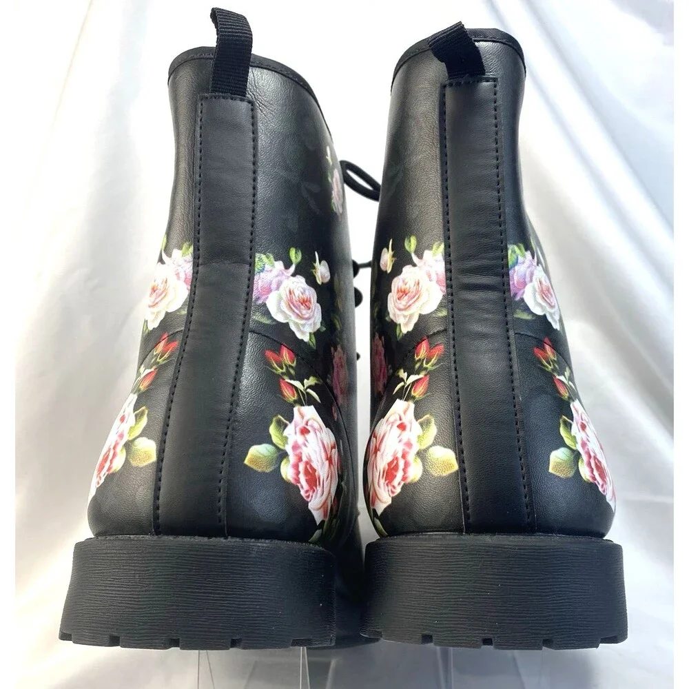 Unbranded Men's US 12 EU 46 Black Floral Design Ankle Combat Boots Lace-Up New